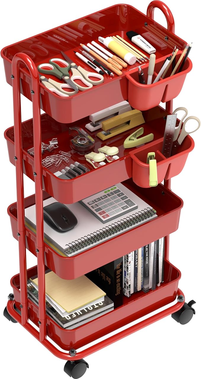 Simple Houseware 4-Tier Rolling Utility Cart with Hanging Bucket, Red | Storage for Bathroom, Kitchen, Office, Study Room, Nursery Diaper