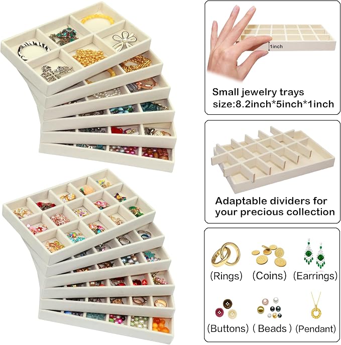 12 Pack Different Jewelry Organizer Trays for Drawer Stackable Adjustable Velvet Jewelry Box Tray Earring Holder Organizer