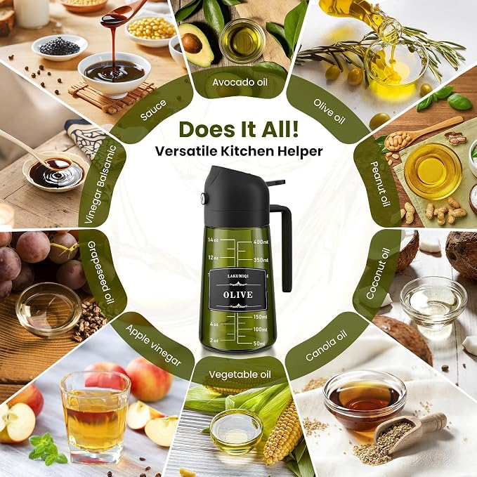 Oliver Oil Sprayer & Dispenser for Cooking Bottle 16oz Dark Glass Fine Mist | 2-in-1 Lightproof Borosilicate Glass Oil Bottle, Wide Mouth for Easy Refill Clean