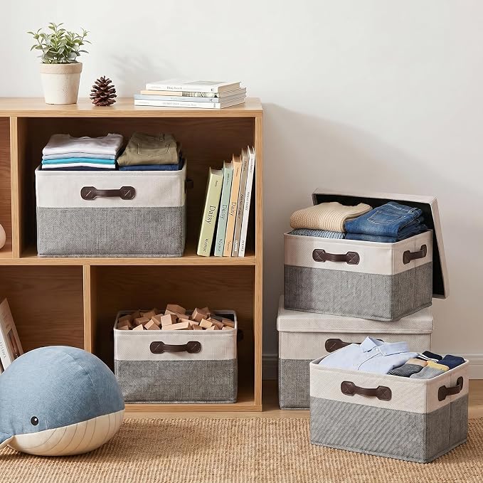 Foldable Storage Bins with Lids 2 Pack Large Storage Baskets with Lids Foldable Fabric Basket for Clothes Towels Books Organizer Home Decor White and Gray 15.7x11.8x9.8 Inch