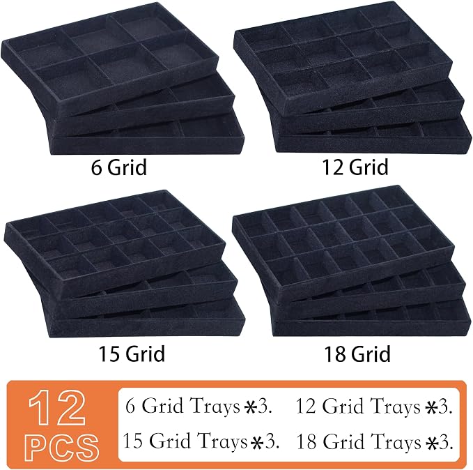 12 Pack Velvet Jewelry Drawer Organizer Trays Stackable Jewelry Storage Inserts Set Jewelry Tray for Earring Necklace Rings Bracelet with Removable Dividers for Dresser & Vanity,Black