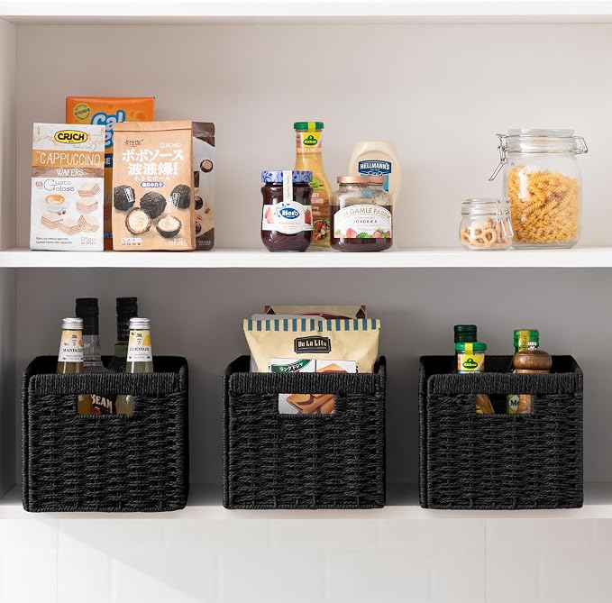 joybest Black Wicker Baskets for Shelves, 13.4L x 8.3W x 7.1H inch Hand-woven Storage Baskets for Pantry Organizing, Foldable Rectangular Bin with Handles, 4-pack