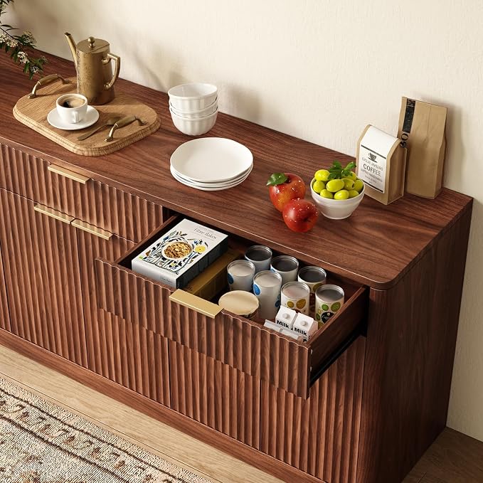 Evermagin 67" Fluted Walnut Sideboard Buffet Cabinet with 3 Drawers | Modern credenza and console cabinet with storage for kitchen, living room, entryway or coffee bar, 67"W x 31.5"H x 15.7"D