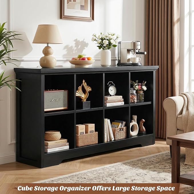 Aheaplus Wooden 8-Cube Storage Organizer with Charging Ports, Modern Cube Bookcase with Base, 3-Tier Floor Standing Open Cubbies Bookshelf, Cubicle Display Shelf for Home and Office, Black