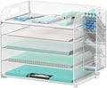 SUPEASY 5 Tier Desk Organizer with Handle & Removable Pen Holders, Mesh Paper/File Organizer for Desk, Paper Letter Tray Organizer for Office Supplies (White)