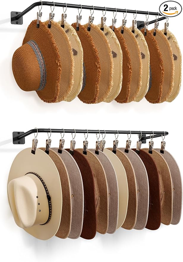Cowboy Hat Rack for Wall 24 Clips Cowboy Hats Hook Metal Cowboy Hat Hanger | Hat Organizer for Bucket Baseball Caps Sunhat Winter Beanies Fedora Hat Holder on Wall Women Men Closet Black 2 Pcs
