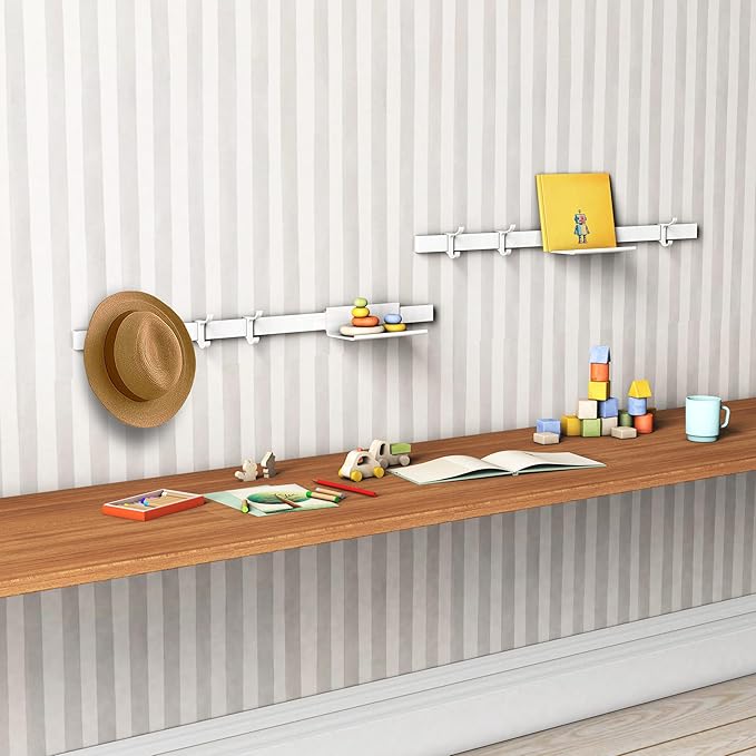 Modern Aluminum Wallmount Organizer, 32.3" Rail with Adjustable 4 Hooks, Wall Rail (Ivory) (Black, 32.3" Rail with Shelf Tray & 3 Hooks)