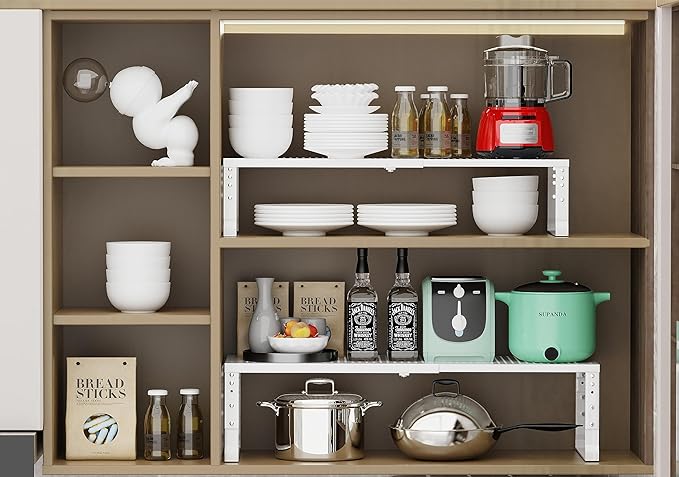 Jojocross Expandable Adjustable Stackable Kitchen Organizer, Spice Rack,Metal Pantry Storage Shelves Racks,Counter Shelf for Cabinets, Countertop, Cupboard(1 Pack/Medium/White)