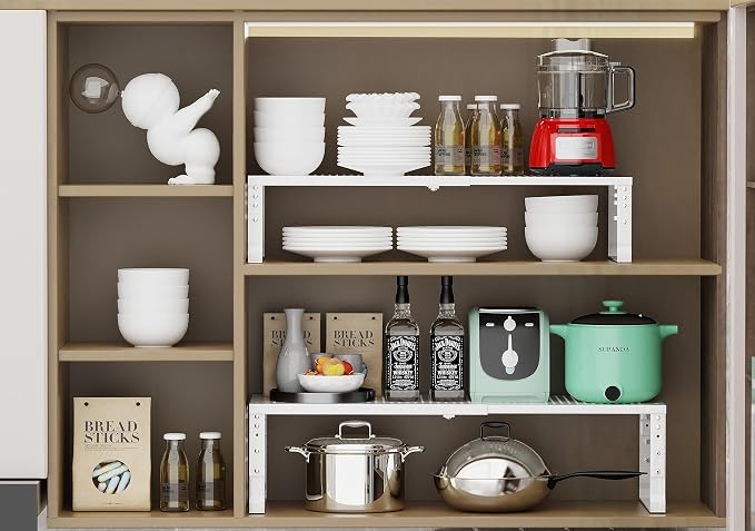 Jojocross Expandable Adjustable Stackable Kitchen Organizer, Spice Rack,Metal Pantry Storage Shelves Racks,Counter Shelf for Cabinets, Countertop, Cupboard (2 Packs/Medium/White)