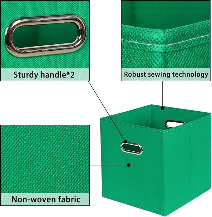Green Foldable Storage Bins, 11x11x11, Set of 3, (Fabric Cube Organizer with Handle, for Cloth or Accessory Storage)