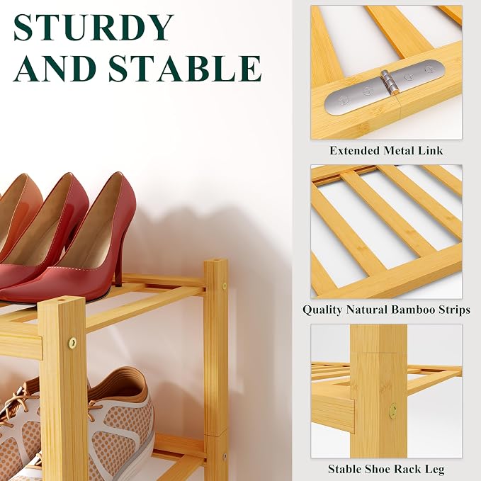 Smiry Bamboo Shoe Rack for Closet, 3 Tier Long Wooden Shoe Organizer, Stackable Wood Shoe Storage Shelf for Entryway, 14 Vertical Slats, One-piece Heavy-Duty Legs, 33.86"x11.02"x18.31", Natural