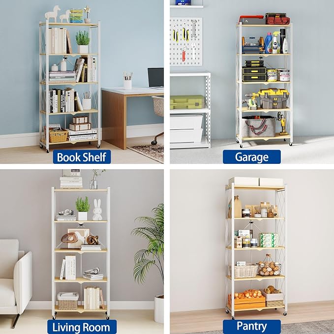 5 Tier Folding Storage Shelves with Wheels, Foldable Bookshelf No Assembly Collapsible Shelf Heavy Duty Rolling Shelving Unit for Kitchen Bedroom Living Room (White, 27.9"x 13.3"x 62.6")