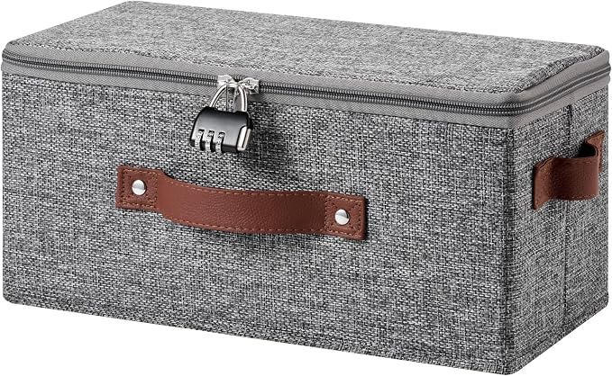 Storage Bins Boxes with Zipper Lid Combination Lock PU Leather Handles Cotton Linen Fabric Lockable Baskets DVD CD Case Foldable Closet Shelf Organizer Container (Gray, 13"x 6"x 6")