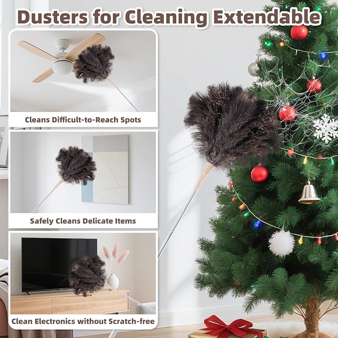 Ostrich Feather Dusters for Cleaning Kit - Reusable Soft Feather Duster Extendable to 49 inches for Cleaning Ceiling Fan, High Ceiling, Blinds & Retractable Small Duster for Keyboard, Car
