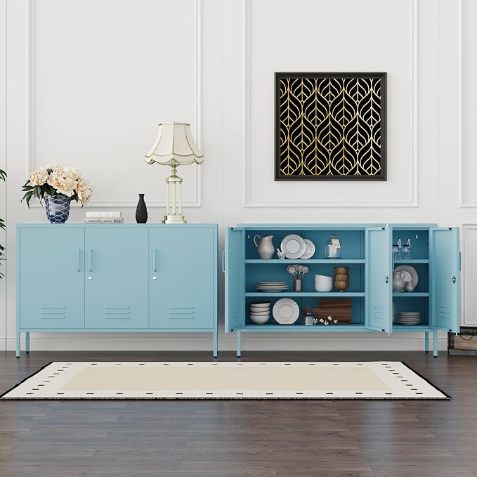 32" Blue 3 Door Lockable Metal Cabinet, Freestanding Heavy Duty Storage Locker with Adjustable Shelves for Home Office Kitchen Living Room