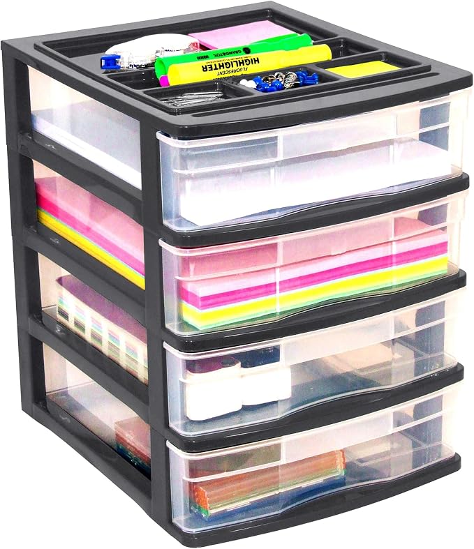 Gracious Living 4 Drawer Desktop & Countertop Organizer w/Organization Lid for Craft Storage, Office Supplies & School Supplies, Black/Clear (4 Pack)