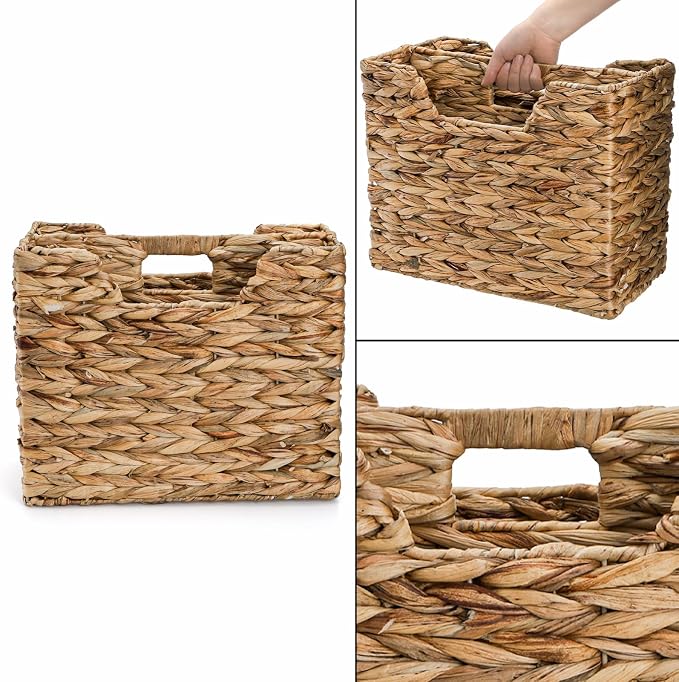 Yesland Hand-Woven Magazine Basket 14.5"x8"x11.75" - Natural Water Hyacinth Wicker Storage Organizer with Handle, 2 Compartments for Home Office Desk