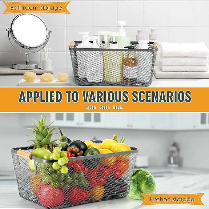 Ziliny 4 Pcs Metal Mesh Wire Baskets with Wooden Handles for Organizing, Pantry Organizers and Storage Steel Bin Kitchen Baskets for Fruit Potato Onion Snacks Bathroom Cabinet(Large,Dark Gray)
