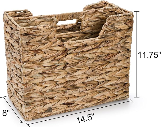Yesland Hand-Woven Magazine Basket 14.5"x8"x11.75" - Natural Water Hyacinth Wicker Storage Organizer with Handle, 2 Compartments for Home Office Desk