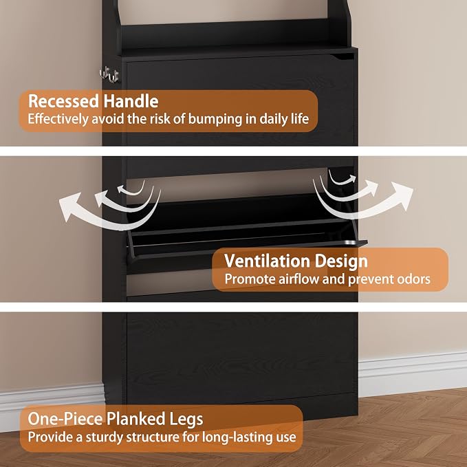 Shoe Storage Cabinet, Wood Shoe Organizer for Entryway with 3 Flip Drawers, Freestanding Shoe Rack with Adjustable Shelf, Narrow Shoe Dresser for Front Door Entrance (Black, Tall 3 Drawers)