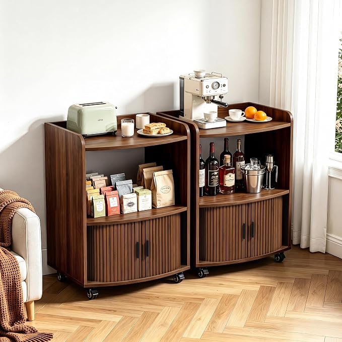 Bifins Coffee Bar Cart for Home, 3 Tier Rolling Serving Carts with Wheels | Coffee Cart with Removable Metal Brackets and Sliding Doors,Mobile Liquor Sideboard Cabinet for Home Bar, Kitchen