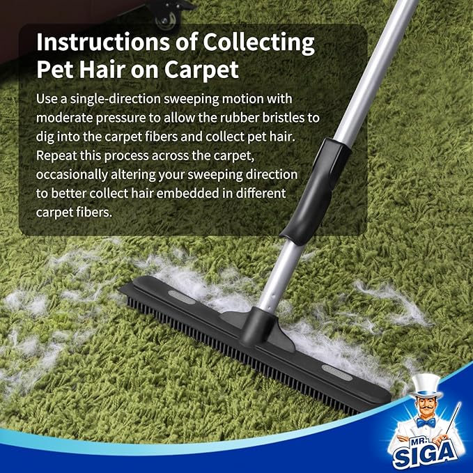 MR.SIGA Pet Hair Removal Rubber Broom with Built in Squeegee | 3 in 1 floor brush for carpet, 61 inch adjustable handle, includes 1 microfiber cloth for floor dusting