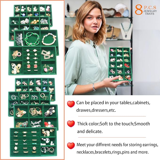 Jewelry Tray Organizer for Drawer 8Pack Stackable Jewelryy Case Velvet Jewellry Storage Display Necklaces, Earring, Rings Bracelet