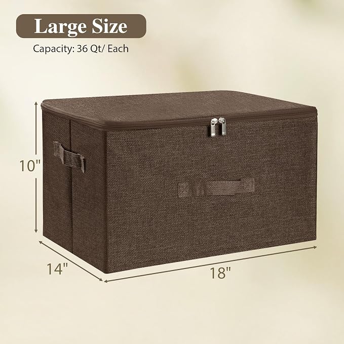 ANMINY 2PCS Storage Bins with Zipper Lids 36 Qt Lidded Fabric Storage Boxes Baskets Cubes with Handles Collapsible Washable Cotton Linen Closet Shelf Clothes Organizer Containers - Coffee, Large