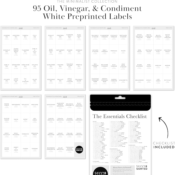 Minimalist Oil Bottle Labels, 95 Preprinted Pantry Stickers for Oils and Vinegar Dispenser Glass Bottles, Condiment Jars, Waterproof Removable, Kitchen Organization