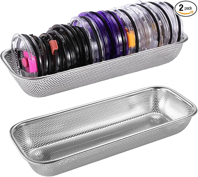 2Pack Stainless Steel Tumbler Cup Lid Organizer Inside Cabinet, Mason Jar Lid Holder, Rectangular Basket for Storage of Silverware, Chopsticks, straws and Utensils