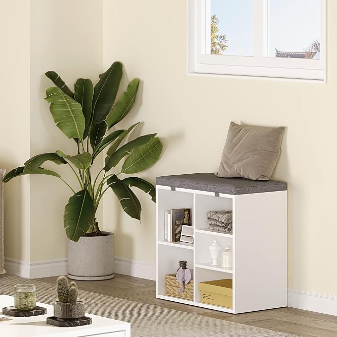 coucheta Shoe Storage Bench with Cushion, Cubby Seat Shoe Cabinet, Small Shoe Rack Bench with 3-Tier Adjustable Shelf for Entryway, Bedroom, Living Room, Hallway, Closet and Garage (White, 20 Inches)