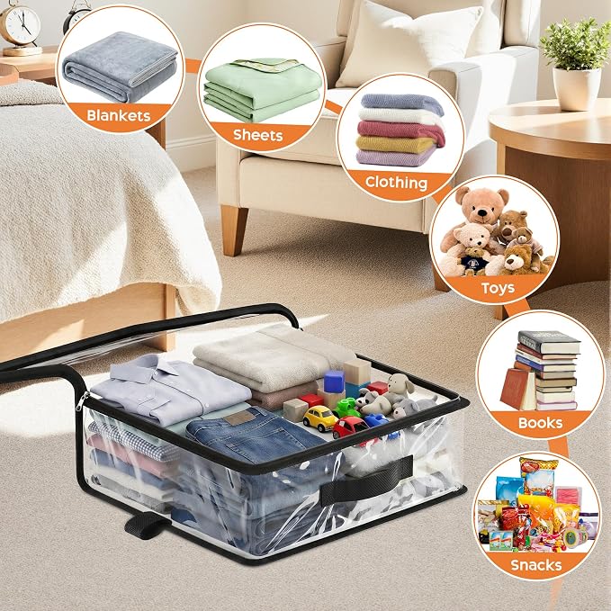 10 Pack Clear Storage Bags with Zipper Handle, Sheet Organizers and Storage | PVC Blanket Storage Bags, Foldable Under Bed Organizer for Baby Clothes Shoes Sweater Toy Bedding Sheet, 15.7x13.8x3.9’’