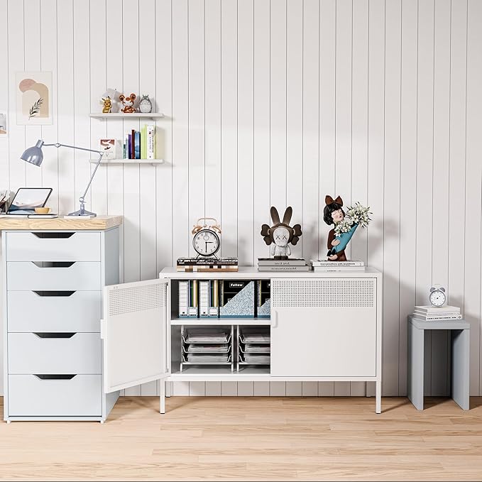 Washsemba 2 Door Storage Sideboard, Metal Storage Cabinet with 2 Adjustable Shelf,Multipurpose Metal Accent Cabinet for Office Home,Music Studio (White, 25''H)