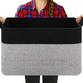 OIASKET Blanket Basket for Living Room, Woven Cotton Rope Basket for Storage Clothes, Towels, Pillows, Toy Storage Bin for kids with Handles, 20" x 16" x 12", Black and Grey
