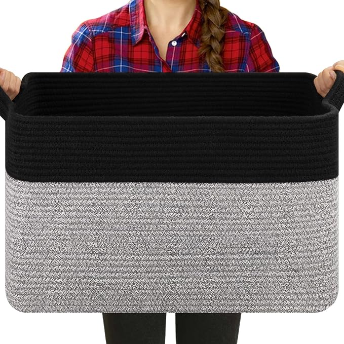 OIASKET Blanket Basket for Living Room, Woven Cotton Rope Basket for Storage Clothes, Towels, Pillows, Toy Storage Bin for kids with Handles, 20" x 16" x 12", Black and Grey