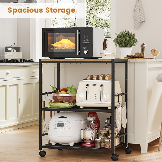 3-Tier Microwave Stand, Kitchen Microwave Cart with Adjustable Shelf | Rolling Kitchen Storage Cart on Lockable Wheels, Coffee Cart Shelf Rack Organizer for Kitchen, Living Room, Rustic Brown
