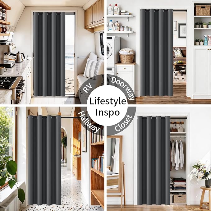 Vatge Magnetic Closet Curtain with Rod - W42 x L80, 1 Panel, Gray, Room Darkening Privacy Doorway Curtains for Open Bedroom, Temporary Door for Hallway