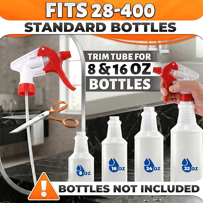 Spray Bottle Nozzle Replacement 12 Pack, Fits 8-32oz Bottles (Red) | Replacement Trigger Sprayer Heads for Bottles; Fits 28-400 Thread, Trim-to-Fit Tube; for Cleaning, Garden & Pet Carefor