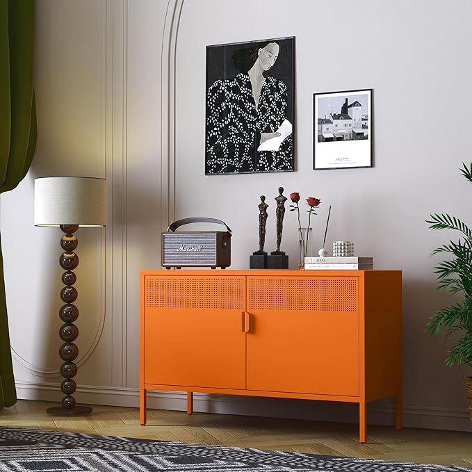 Ustamio Orange Wide Metal Locker Storage Cabinet, 2 Door Metal Accent Cabinet for Home and Office, 2 Tier Low Metal Cabinet with Doors and Shelf, Multipurpose Metal Tv Stand Cabinet