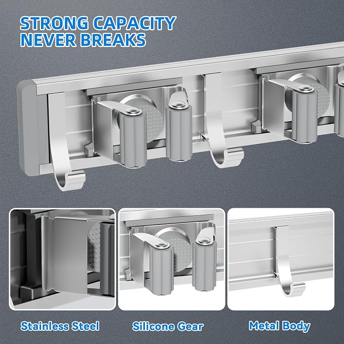 reliahom Broom Holder Wall Mount Mop Hanger Tools organizer 4Racks 5Hooks | Adjustable Stick or Screw Mop Broom Wall Hanging Tool Storage Rack Space-saving for Garage,Kitchen,Laundry Room,Garden,Gray