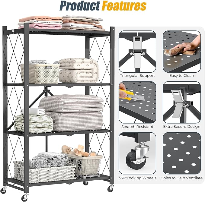 Fenbeli 4 Tier Folding Storage Shelf with Wheels, Heavy Duty Metal Shelving Unit No Assembly, Foldable Rolling Storage Rack 600 LBS Capacity, Locking Casters for Garage Kitchen Pantry(Black, 4 Tier)
