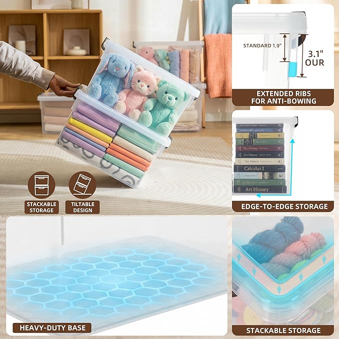Citylife 22.2Qt Ultra-Thick (3.82mm) Clear Plastic Storage Bins with Lids, 4-Pack Stackable Straight-Wall Closet Organizers with Honeycomb Base & Pinch-Free Latches for Garage, Clothes & Holiday Decor