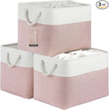 16x12x12 In Foldable Fabric Large Storage Bins with Handle 3 Pack | Storage Basket with Draw String Top, Sturdy Metal Strand, Cardboard Support Molding, for Shelf, Closet, Bedroom, White/Pink