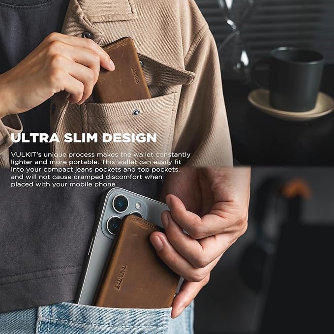VULKIT Slim Minimalist Card Holder RFID Blocking Leather Credit Card Holder Front Pocket Wallet Magnetic Closure, Handcrafted Cowhide Version