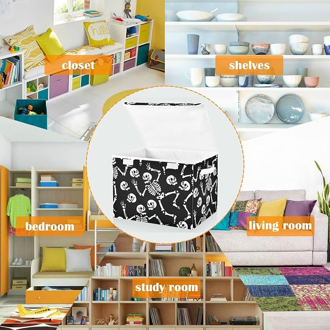 CaTaKu Skull Black Storage Bins with Lids,Halloween Fabric Large Storage Container Cube Basket with Handle Decorative Storage Boxes for Organizing Clothes Shelves