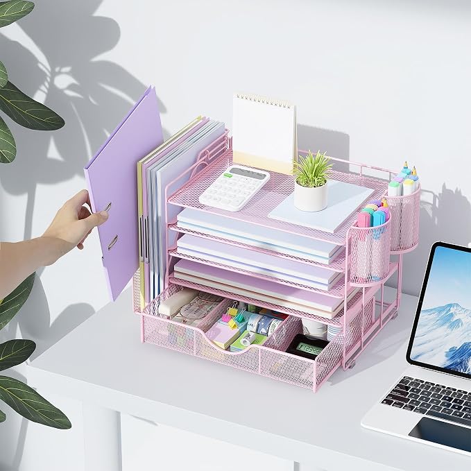 gianotter 5-Tier Desk Organizer with Drawers, File Holders, Letter Trays and Pen Holders - Workspace Accessories for Office Supplies (Pink)