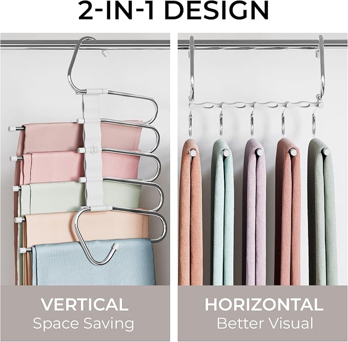 MORALVE Pants Hangers Space Saving - 2 Pack - Non-Slip Multi-Layer Space Saving Hangers - Multifunctional Clothing Rack for Closet Storage - Ideal for Jeans, Trousers, Skirts, Scarves & Slacks (White)