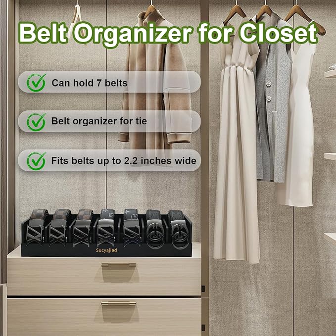 Belt Organizer, Black, 7 Compartments | Natural Bamboo Belt Storage Box, For Closet and Drawer, Belt Holder Case, For Belt and Tie , For Men & Women