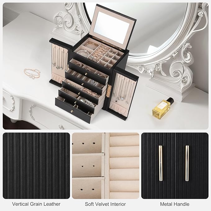 Dajasan Large Jewelry Organizer Box, 6-Tier Jewelry Storage Case with 5 Drawers, Jewelry Boxes for Women Girls with Mirror, Double Door, Textured PU Leather, Gift Idea, Stylish (Black + Gold)