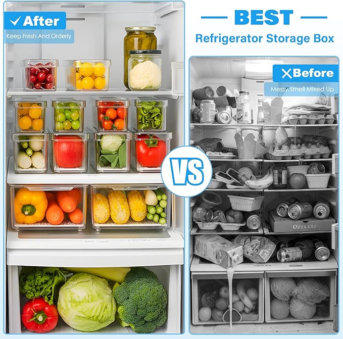 14 Pack Fridge Organizer Storage Bins Set, Clear Stackable Food Storage Containers with Lids BPA-Free for Refrigerator, Freezer, Kitchen Countertop, Organizers for Fruits, Vegetables, Drinks, Cereals